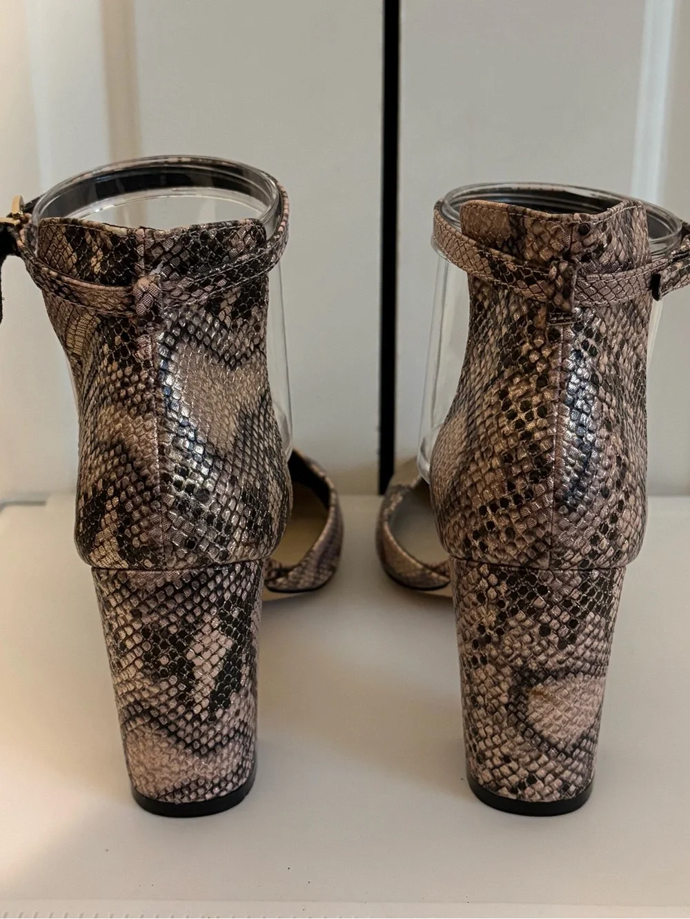 ASOS, Pink & Black Snake-Print Block Heel Round Toe Shoes with Ankle Strap